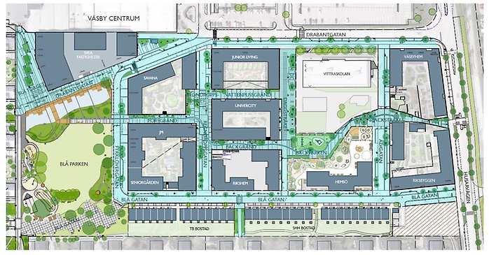 Kartbild med blåmarkerade gator och torg som visar områdena där finplaneringsarbete kommer pågå kommande åren. 