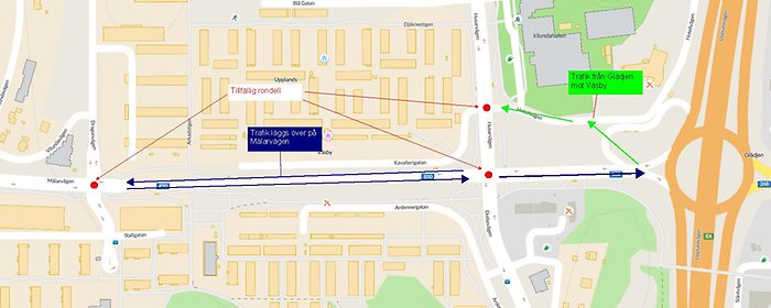 Bilden visar en karta på Mälarvägen som planera trafikomläggning v.48
